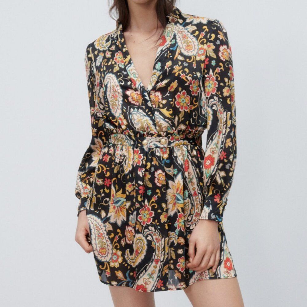Zara Floral Paisley Long Sleeve V Neck Mini Dress Size XS